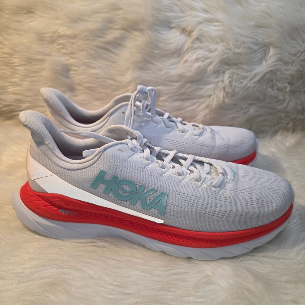 HOKA Mach 4 Running Shoes – Men's Size 12D (UK 11.5) — White/Fiesta (Style 11135